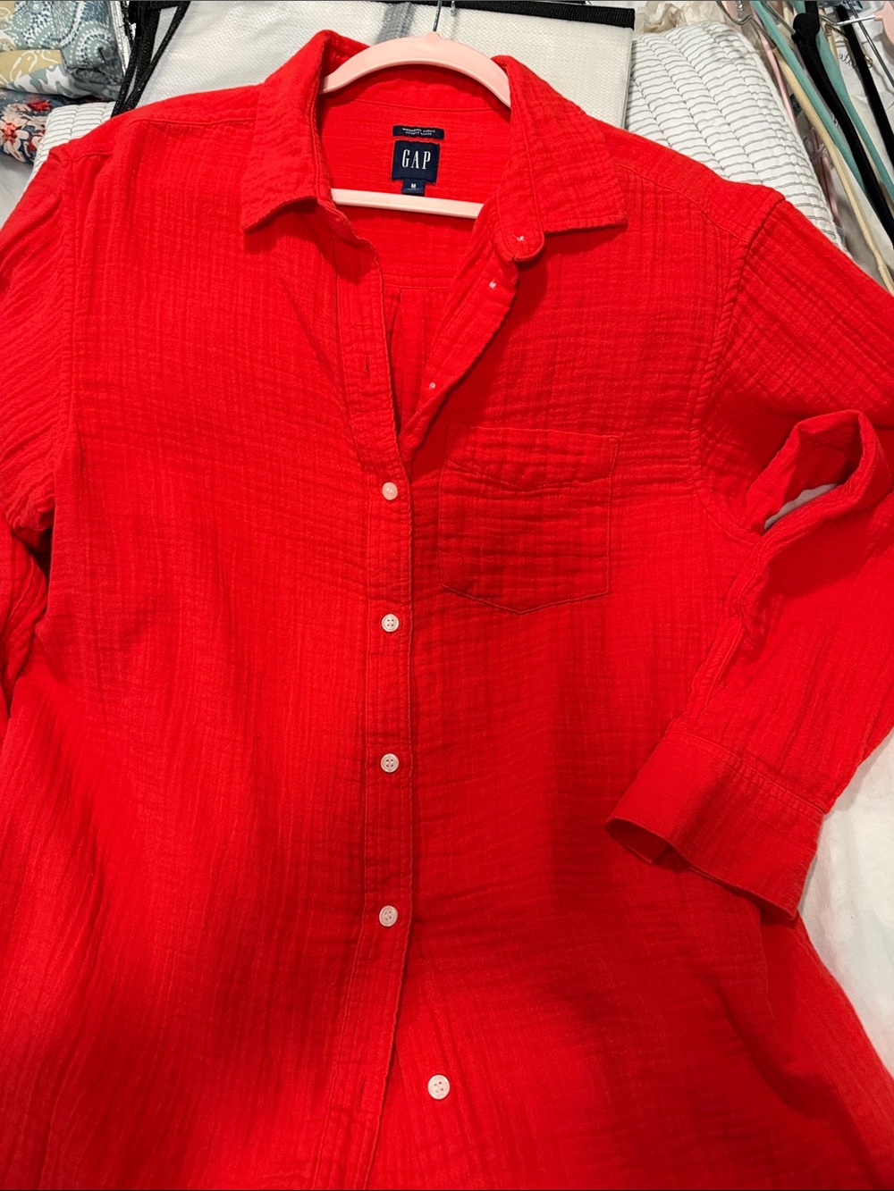 GAP women’s Bright Red Casual Button-Down Shirt
Great as a bathing suit cover up
